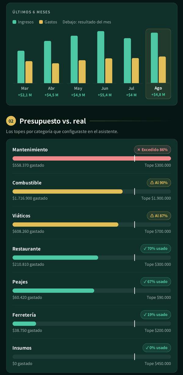 Informe de ejemplo en el celular: ingresos y gastos de los últimos seis meses y el presupuesto contra lo real de cada categoría